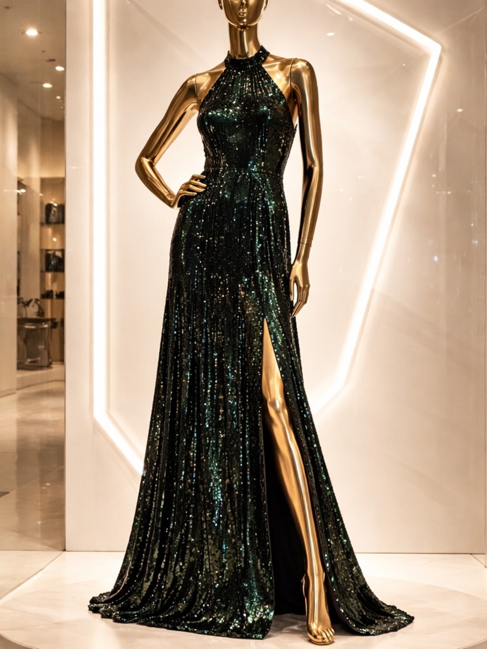 Alex Evenings Emerald Green Sequin Halter Maxi Gown